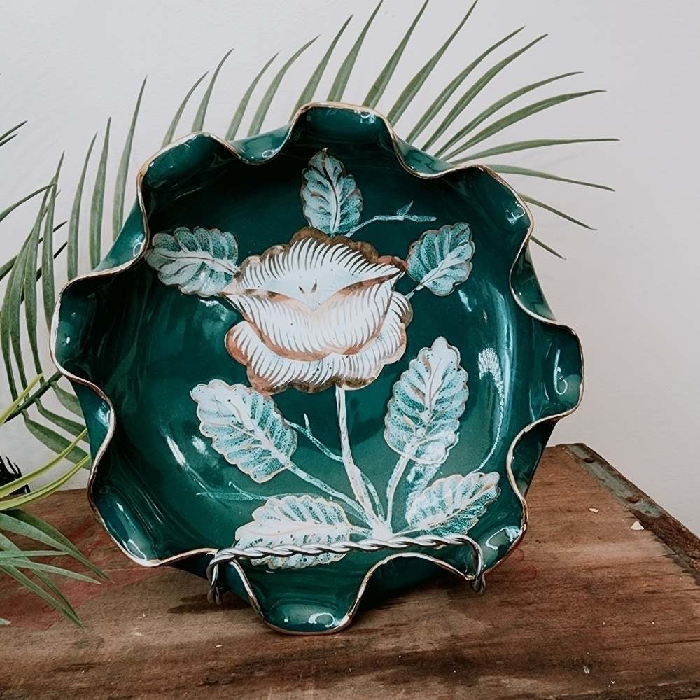 Vintage Italian Bowl Hand Painted Floral Design Scalloped Gold Edge Thistle Teal